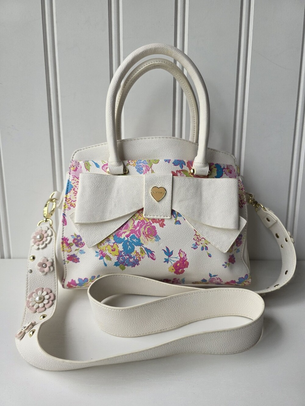 Betsey Johnson Big Bow White Floral Purse Tote Crossbody Satchel Handbag